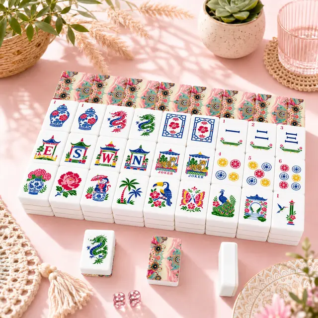 Splash Of Mahj And Color Co. Bejeweled Toned Ikat Watercolor, Chinoiserie Mahjong Tiles And Carry Case
