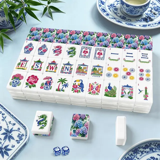 Splash Of Mahj And Color Co. Blooming Hydrangeas Chinoiserie Mahjong Tiles With Carry Case