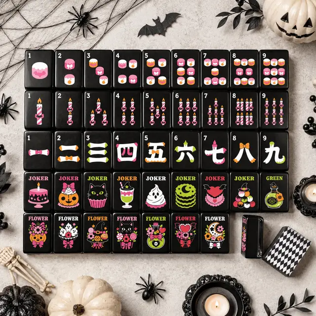 Splash Of Mahj And Color Co. Halloween Harlequin Mahjong Engraved Tiles, Gothic Dessert With Carry Case