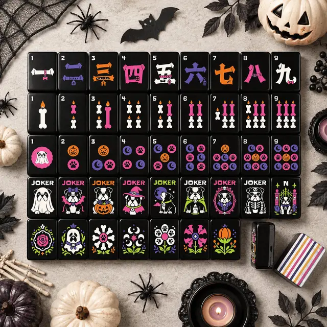 Splash Of Mahj And Color Co. Halloween Mahjong Engraved Tiles Wicked Bulldog Whimsical Designed With Carry Case