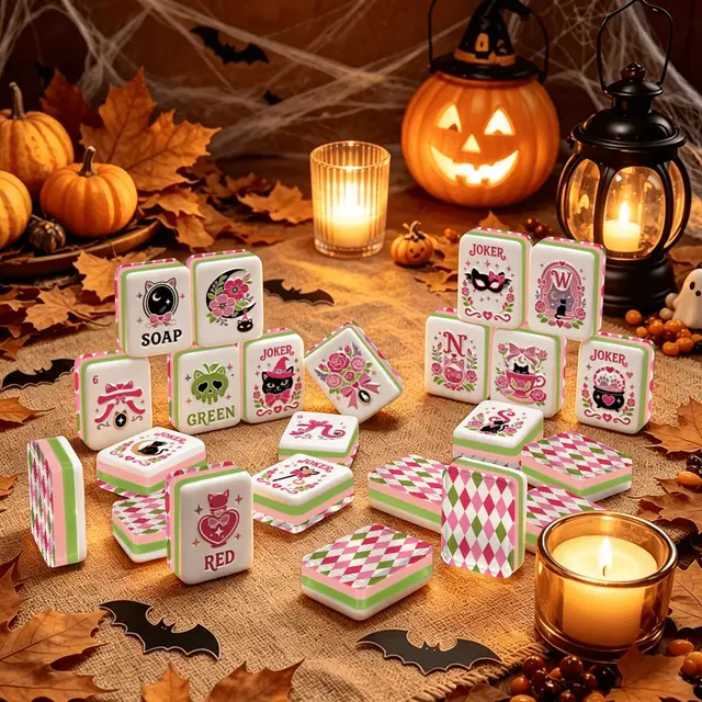 Splash Of Mahj And Color Co. Harlequin Halloween Hot Pink, Green Witch's Familiar Engraved Layered Halloween Mahjong Tiles