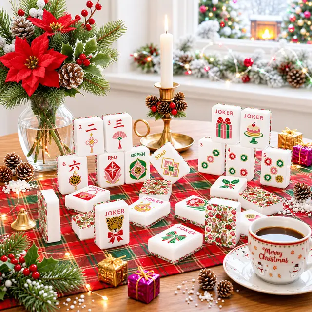 Splash Of Mahj And Color Co. Leopard Luxe Poinsetta Glitz And Glam Holiday Christmas Mahjong Tiles And Carry Case