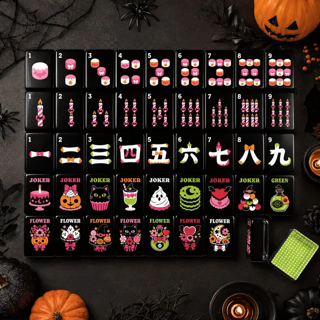 Splash Of Mahj And Color Co. Limencello Cane Back Engraved Halloween Mahjong Tiles Gothic Dessert With Carry Case
