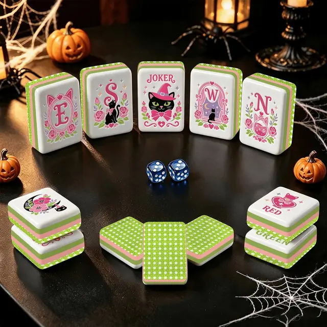 Splash Of Mahj And Color Co. Limoncello Cane Witch's and Kitties Halloween Mahjong Layered Tiles With Carry Case