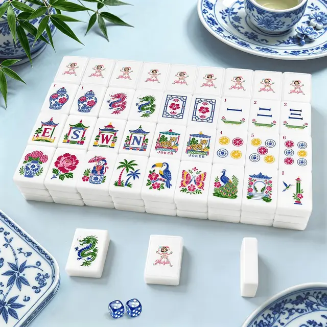 Splash Of Mahj And Color Co. Mahjie Mascot Chinoiserie Mahjong Tiles Set (Traditional Porcelain Style) (Single Layer)