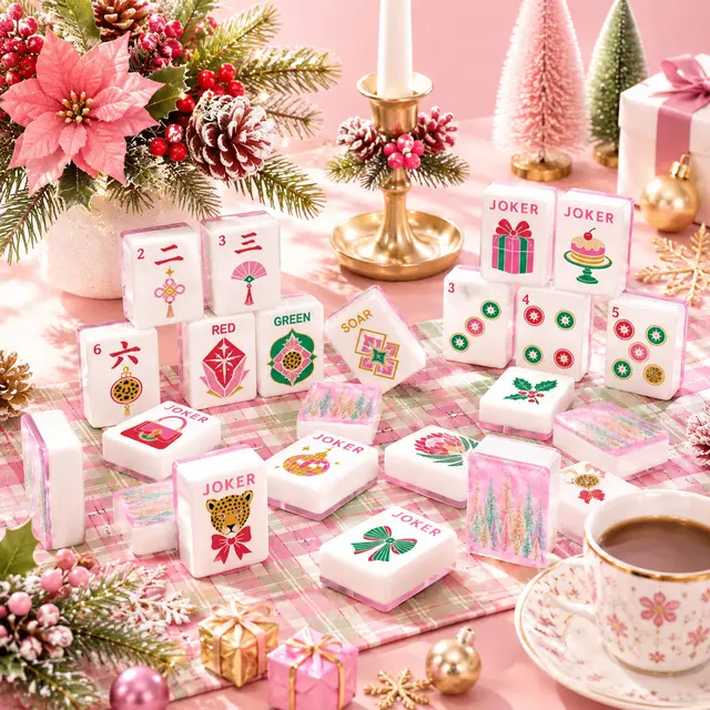 Splash Of Mahj And Color Co. Nostalgic Tinsel Trees, Pink Glam Holiday Christmas Mahjong Tiles And Carry Case