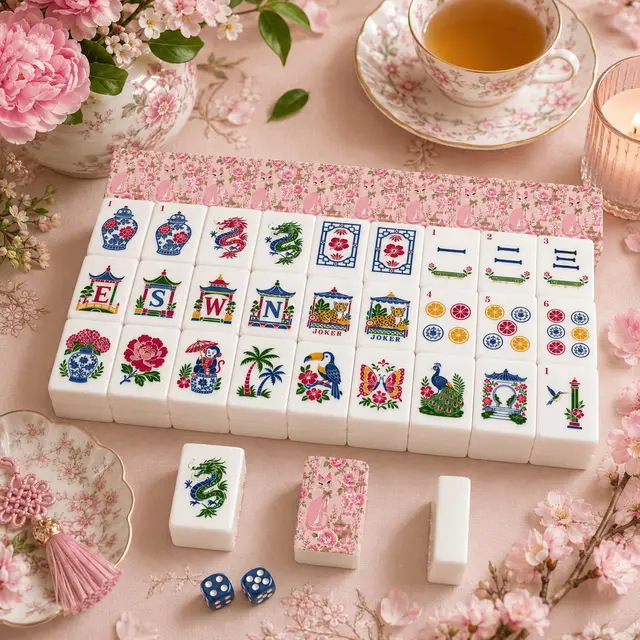 Splash Of Mahj And Color Co. Pink Palm Pagoda Purr Engraved Chinoiserie Mahjong Tiles And Carry Case