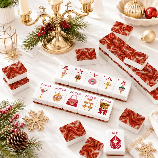 Splash Of Mahj And Color Co. Red Marbled Glam Holiday Christmas Mahjong Tiles And Carry Case
