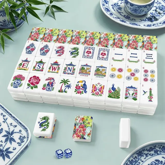 Splash Of Mahj And Color Co. Tobacco Leaf Floral Engraved Chinoiserie American Mahjong Tiles And Carry Case