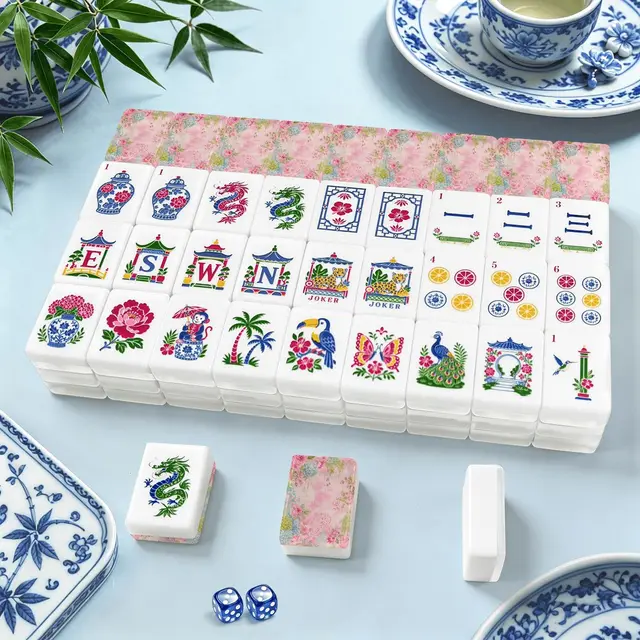 Splash Of Mahj And Color Co. Vintage Shabbylicious Pink Floral Chinoiserie Engraved Mahjong Tiles