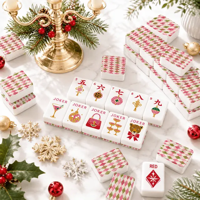 Splash Of Mahj And Color Co. Vintage Shiny Brite Harlequin Christmas Pink And Green Glam Holiday Christmas Engraved Mahjong Tiles And Carry Case