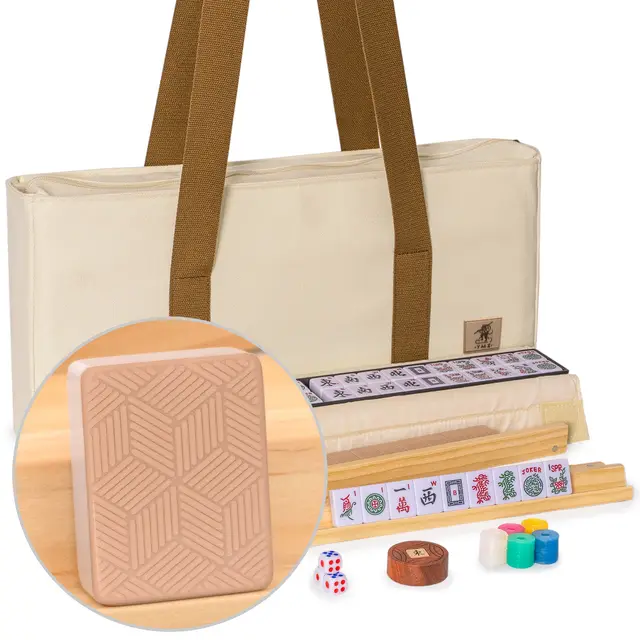 Yellow Mountain Imports American Mahjong Set,- 166 Medium Tiles with Beige Soft Case, Wooden Racks with Pushers, Scoring Coins, Dice, and Wind Indicator — Canyon Clay