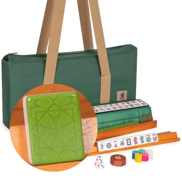 Yellow Mountain Imports American Mahjong Set,- 166 Tiles with Green Soft Case, Wooden Racks with Pushers, Scoring Coins, Dice, and Wind Indicator — Verdant Santorini
