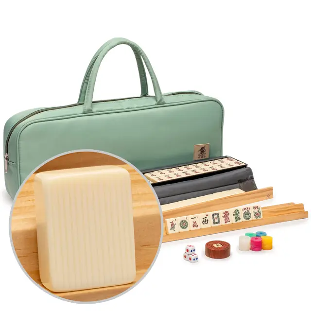 Yellow Mountain Imports American Mahjong Set,- 166 Tiles with Mint Green Fabric Case, Wooden Racks with Pushers, Scoring Coins, Dice, & Wind Indicator — Ivory Ridge