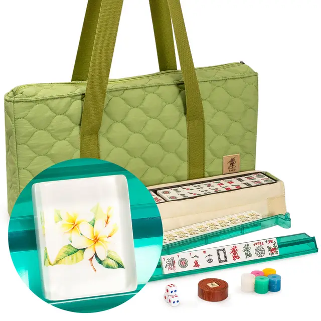 Yellow Mountain Imports American Mahjong Set,- 166 Tiles with Plumeria Motif, Acrylic Racks with Pushers, Quilted Island Sage Green Case, Scoring Coins, Dice & Wind Indicator — Aloha