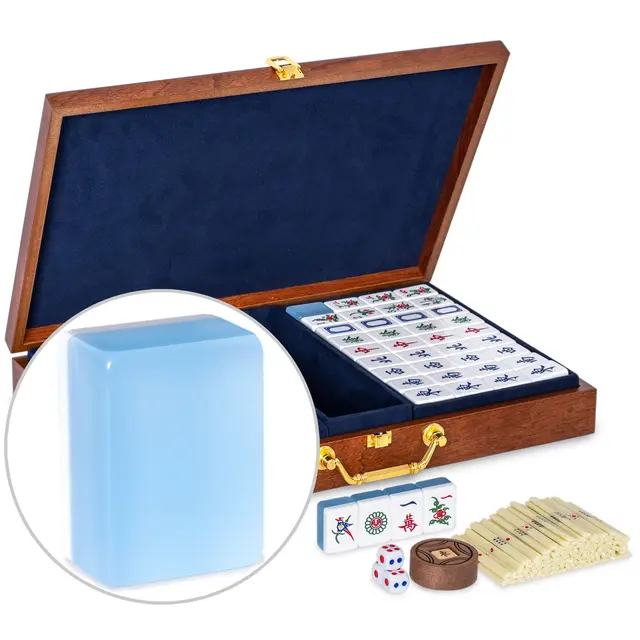 Yellow Mountain Imports Chinese Mahjong Set, with 148 Medium Tiles, Wooden Case, Wind Indicator, and Dice- for Chinese Style Gameplay Only — Glacier Pearl